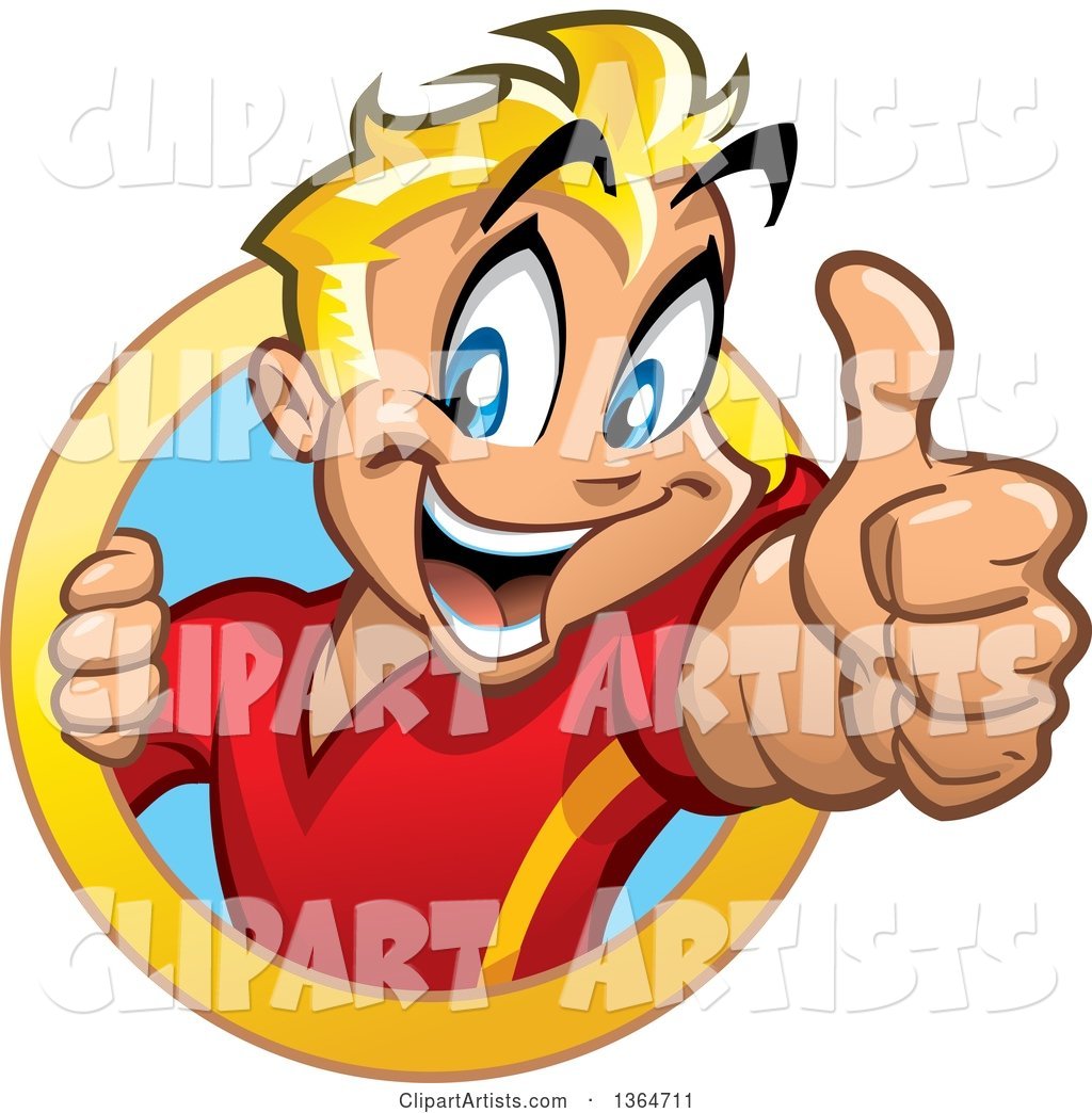 Cartoon Happy Blond White Boy Holding up a Thumb and Emerging from a Circle
