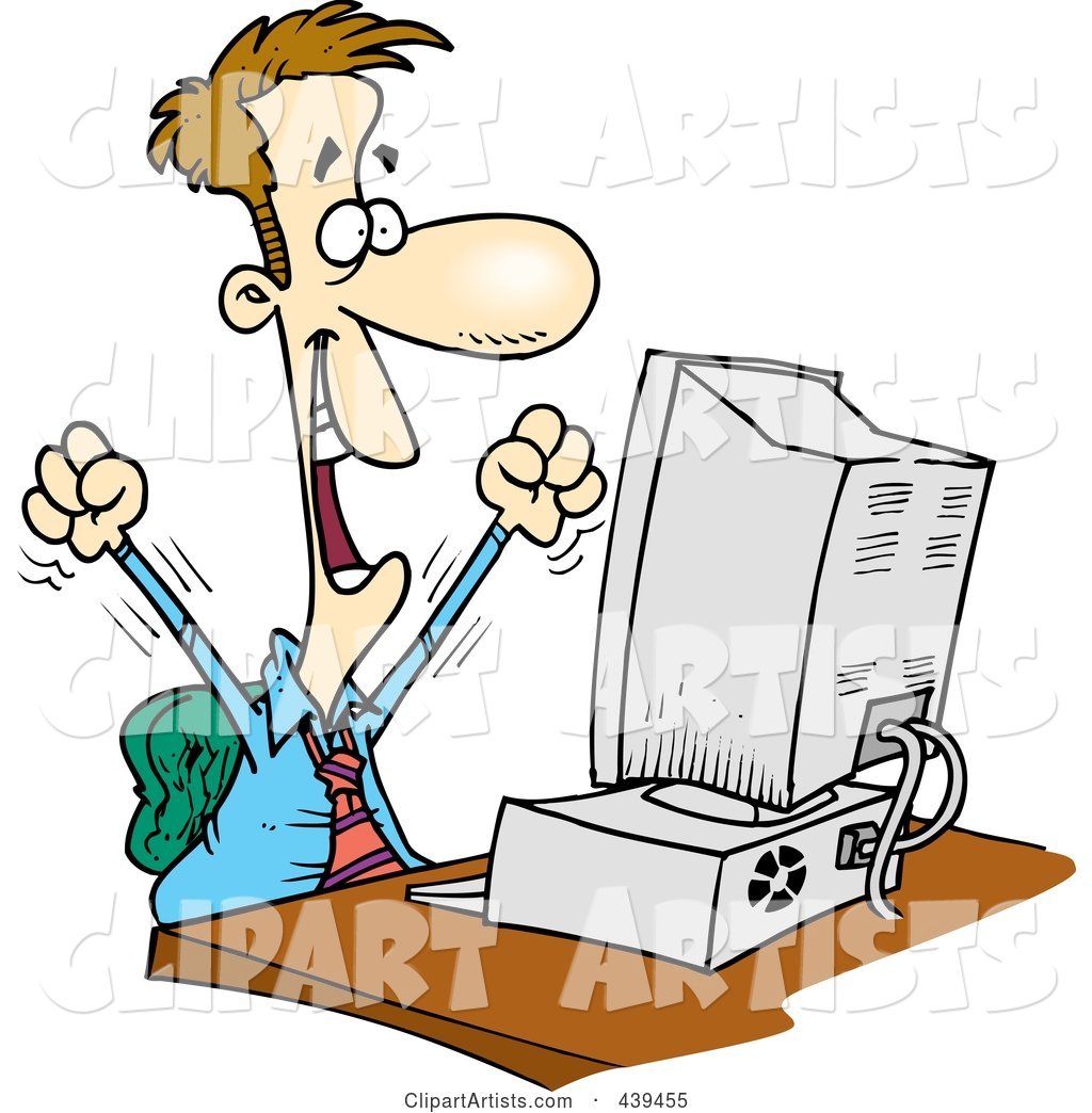 Cartoon Happy Businessman Working on a Computer