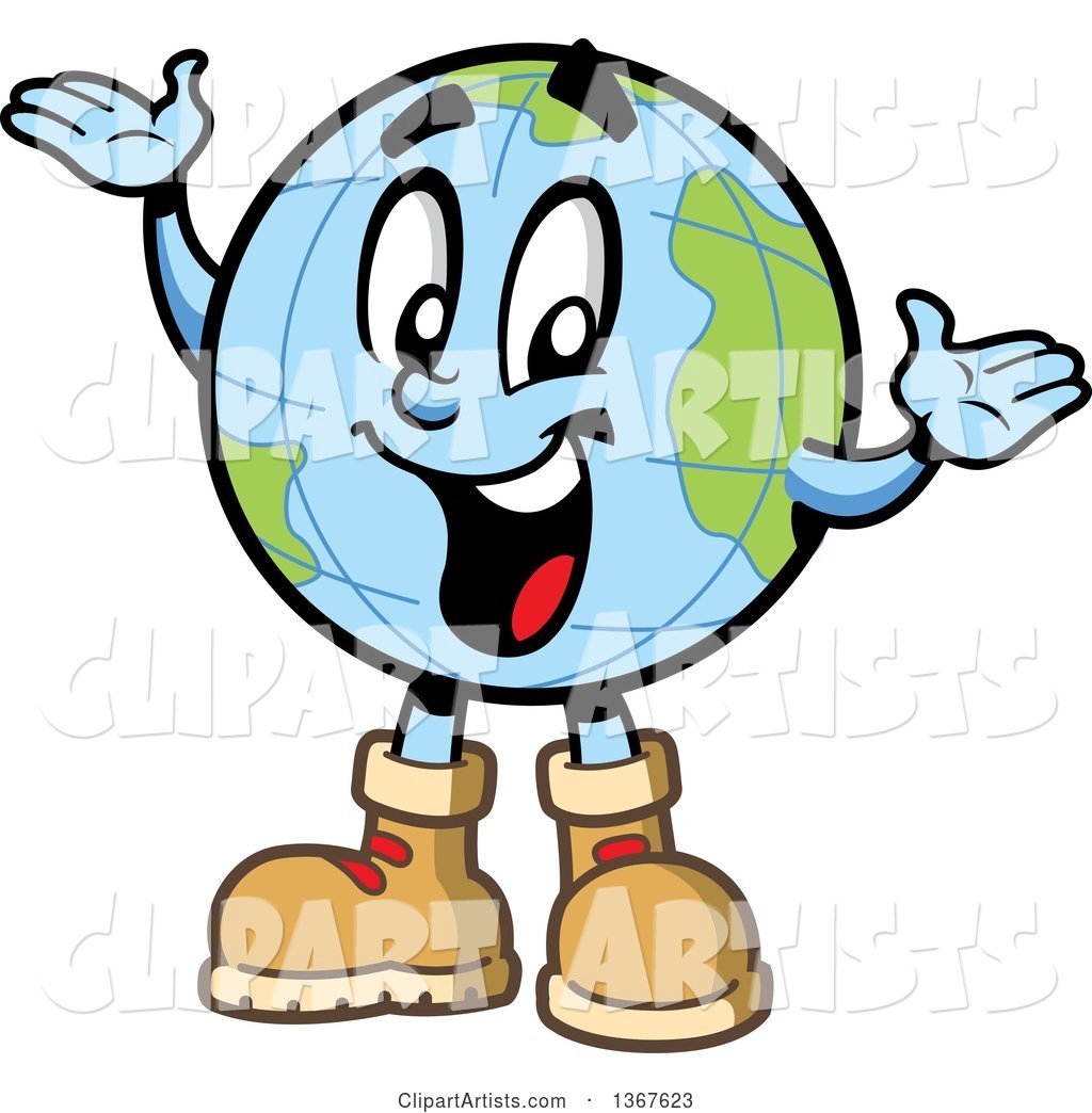 Cartoon Happy Desk Globe Mascot Wearing Hiking Boots and Presenting