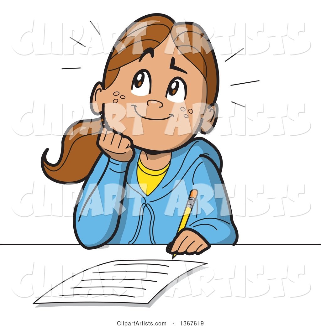 Cartoon Happy School Girl Resting Her Chin on Her Hand, Thinking and Writing an Essay