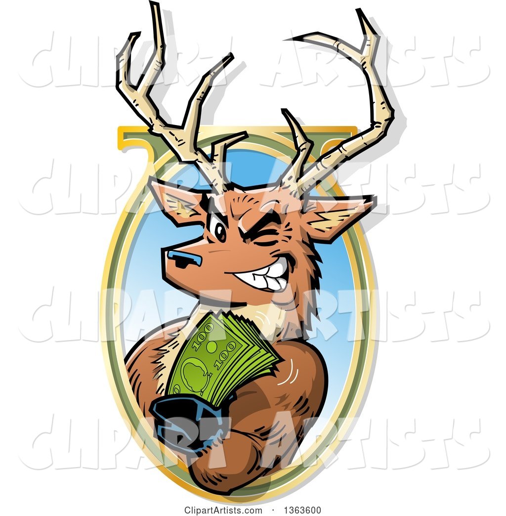 Cartoon Male Stag Deer Holding out Big Bucks and Emerging from an Oval Frame