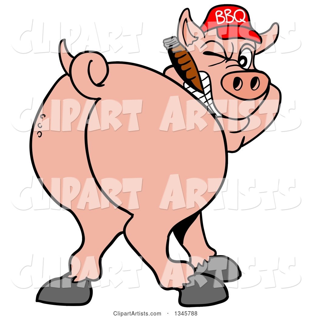 Cartoon Rear View of a Grinning Pig Looking Back, Smoking a Cigar, and Wearing a Bbq Hat