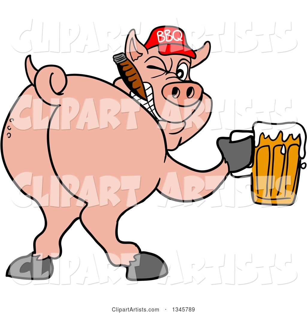 Cartoon Rear View of a Grinning Pig Looking Back, Smoking a Cigar, Wearing a Bbq Hat, Holding a Beer