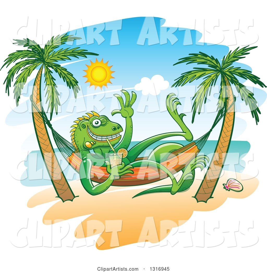 Cartoon Relaxed Iguana Lizard Waving Drinking Iced Tea in a Hammock on a Tropical Beach