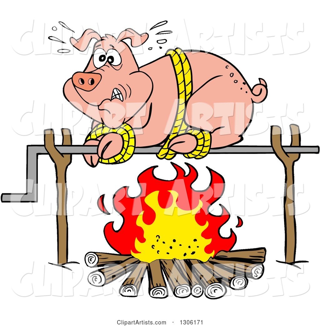 Cartoon Scared Pig on a Spit over a Fire