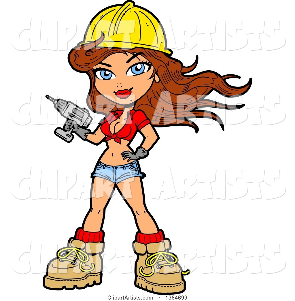 Cartoon Sexy Brunette White Female Construction Worker Pinup Holding a Power Drill