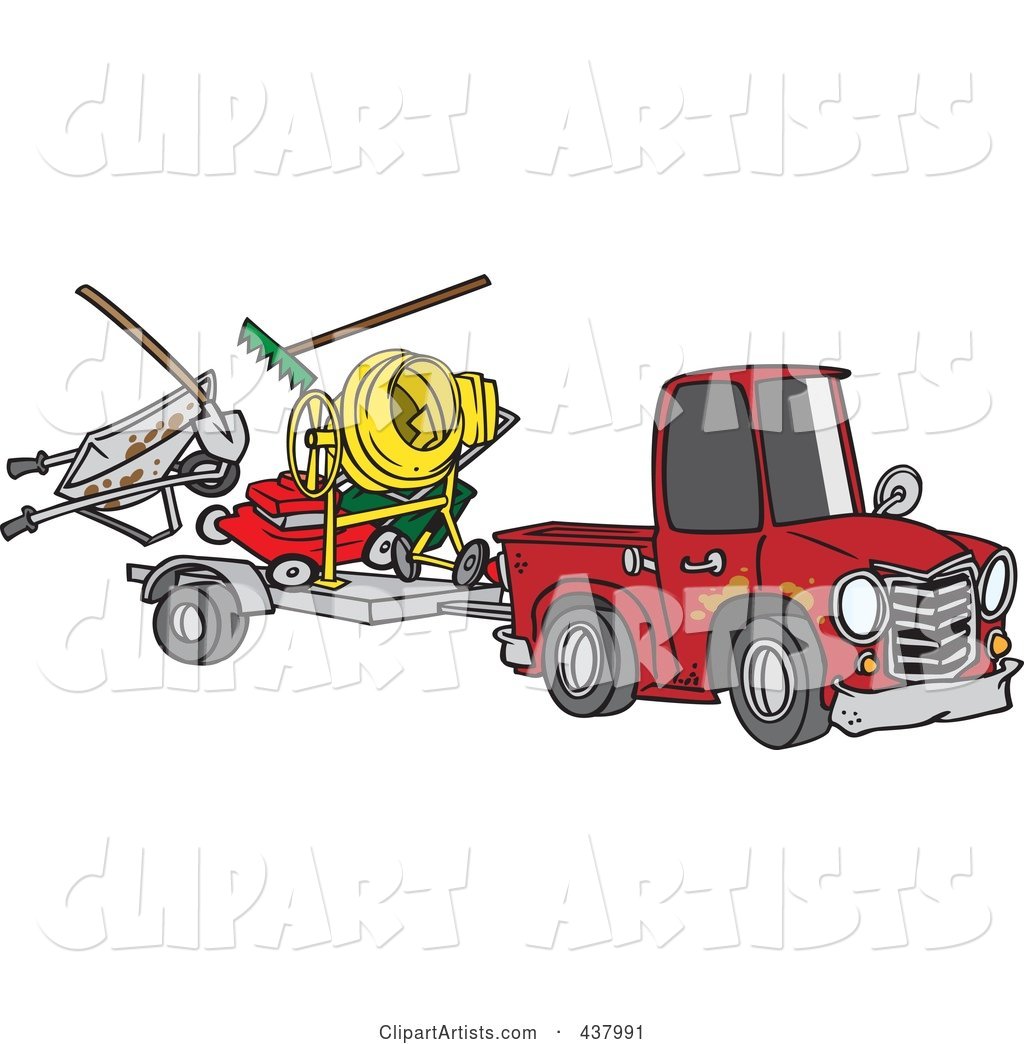 Cartoon Truck Pulling a Trailer with Landscape and Concrete Equipment