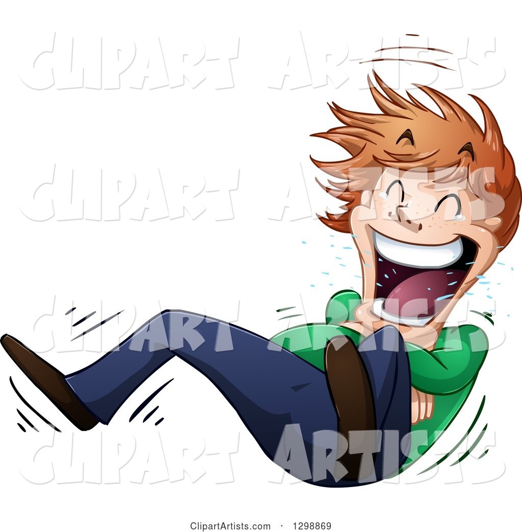 Cartoon Young White Man Rolling on the Floor and Laughing