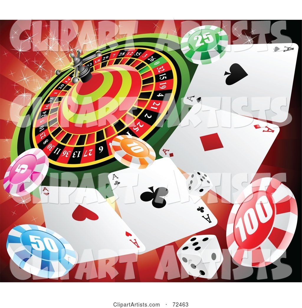 Casino Roulette Wheel with Playing Cards, Poker Chips and Dice over Red