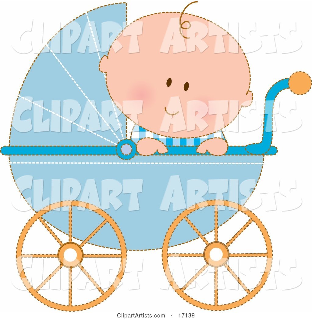 Caucasian Baby Boy in a Blue Stroller Carriage, Looking over the Side