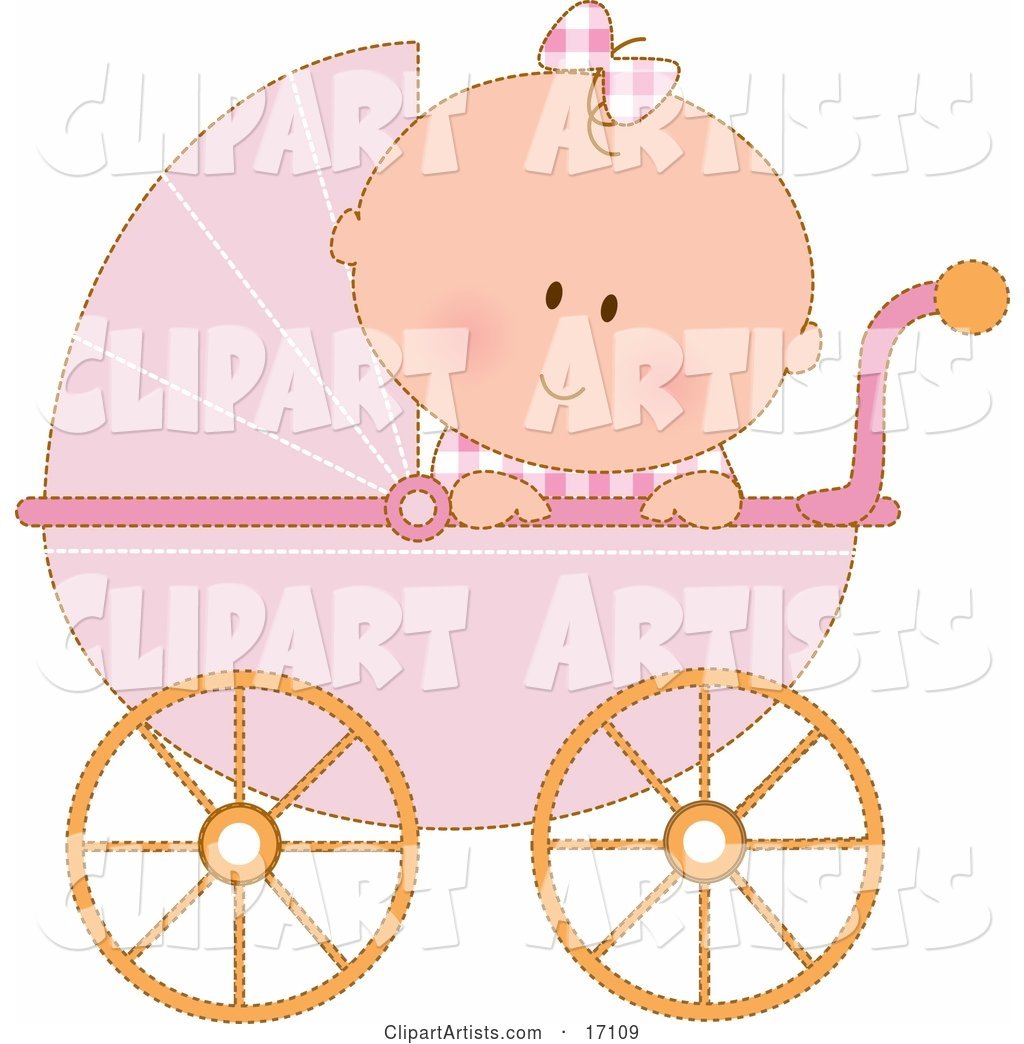 Caucasian Baby Girl in a Pink Stroller Carriage, Looking over the Side