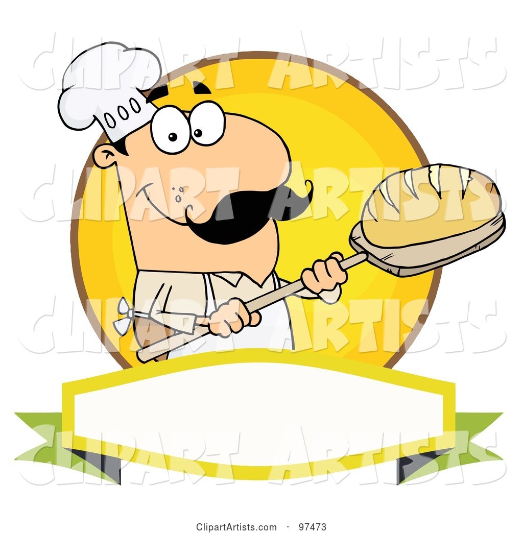 Caucasian Baker Holding Bread over a Yellow Circle and Blank Banner