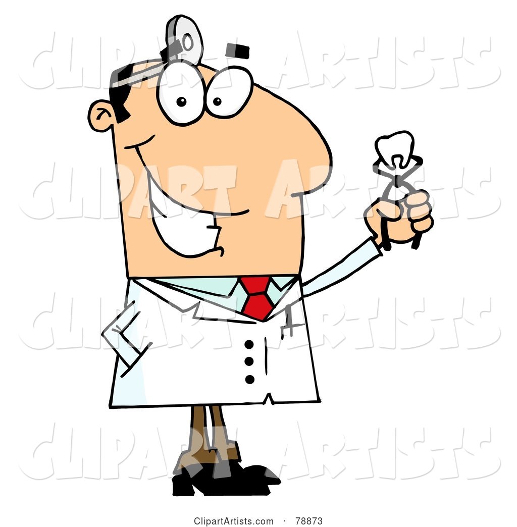 Caucasian Cartoon Dentist Man Holding an Extracted Tooth
