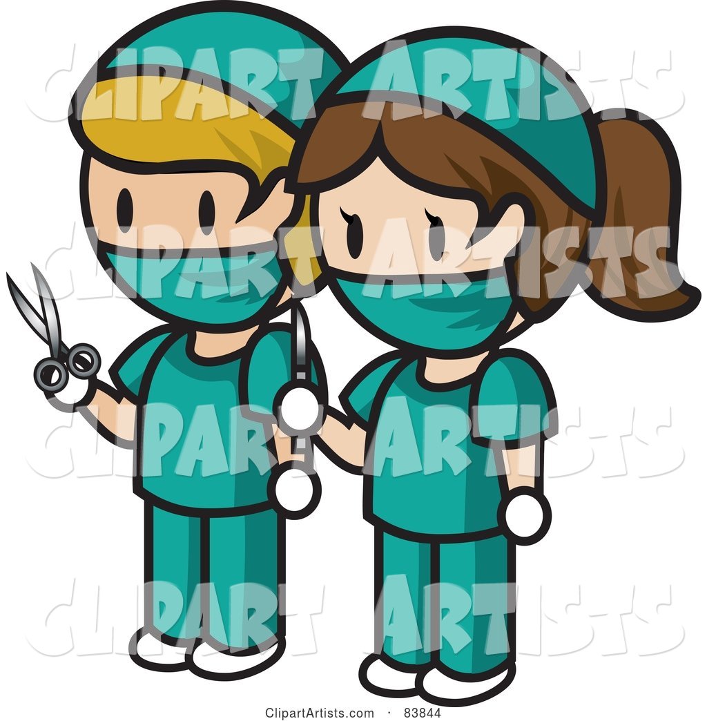 Caucasian Mini Person Surgeon Man and Woman in Scrubs, Holding Scissors and a Scalpel