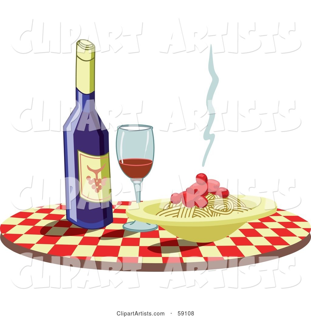 Checkered Table with Wine and Spaghetti