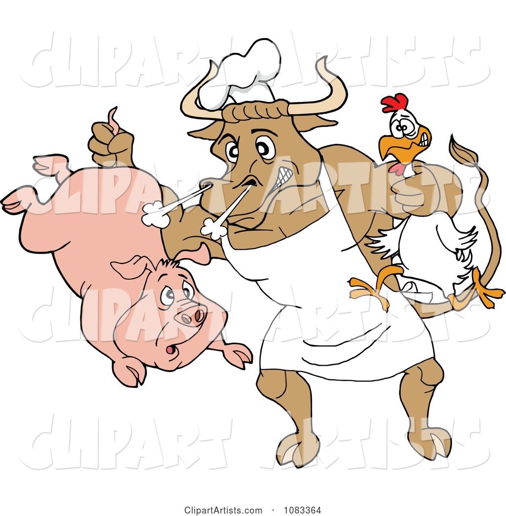 Chef Bull Holding a Pig and Chicken