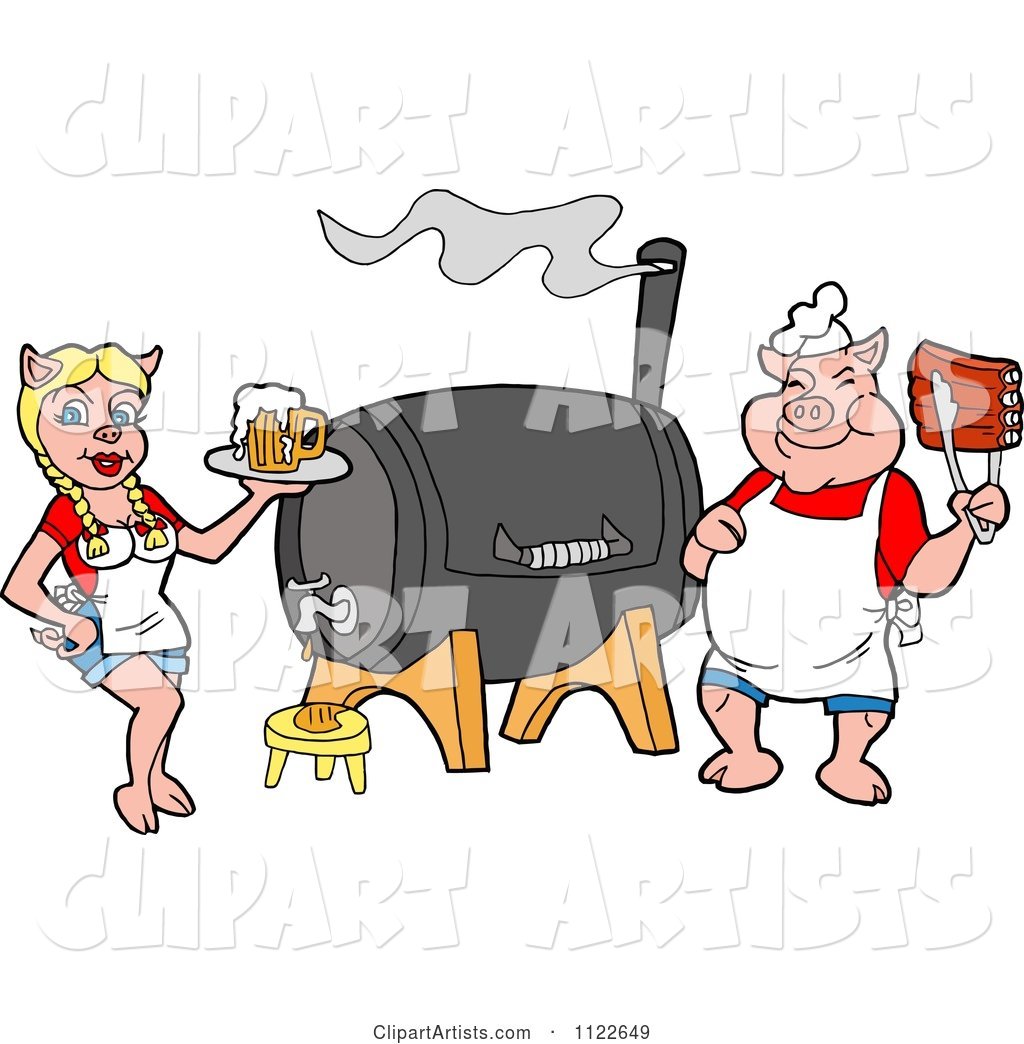 Chef Pig Holding Rips and Waitress Holding Beer by a Smoker