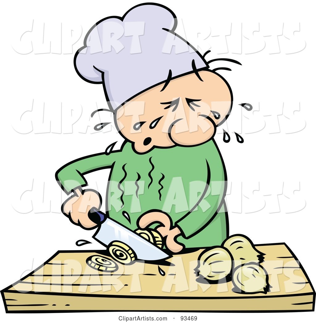Chef Toon Guy Crying While Slicing Yellow Onions