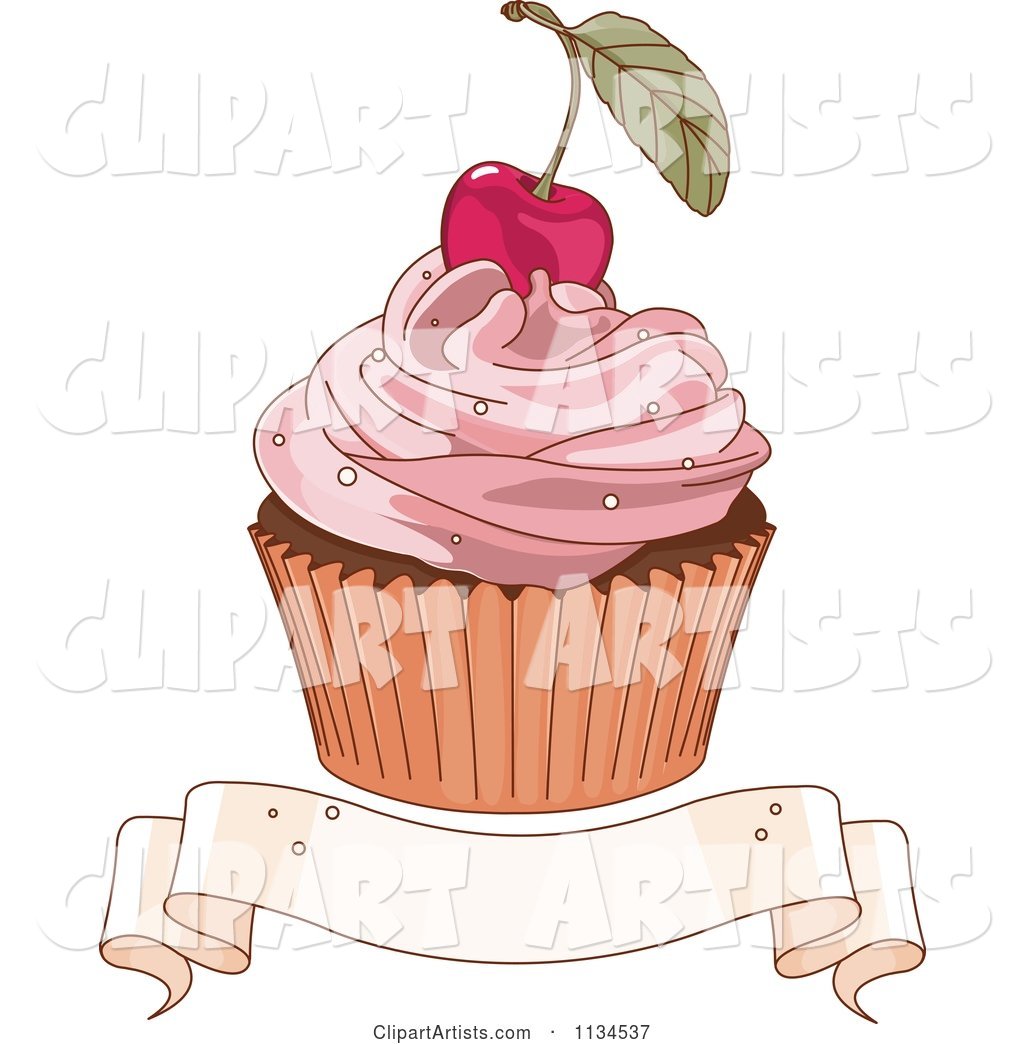 Cherry Topped Cupcake over a Blank Ribbon Banner