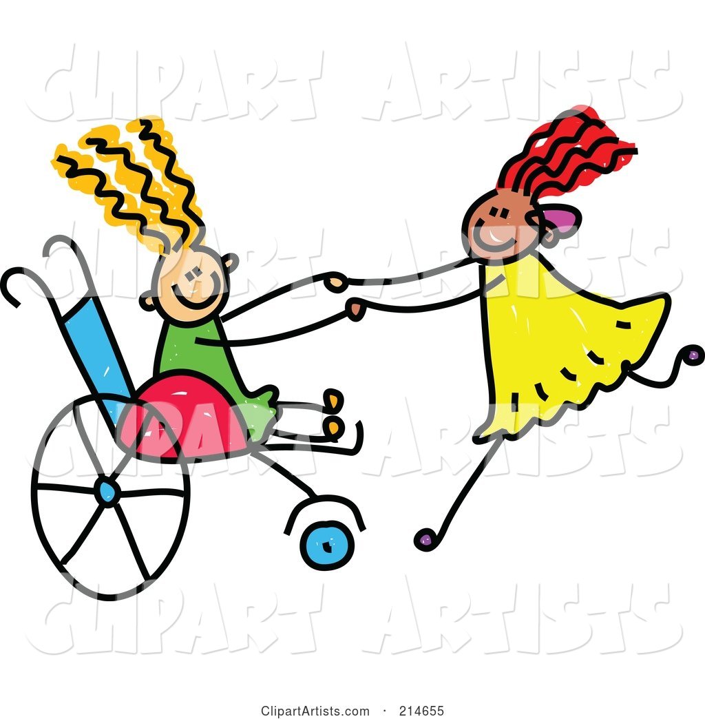 Childs Sketch of a Girl in a Wheelchair Playing with Her Friend