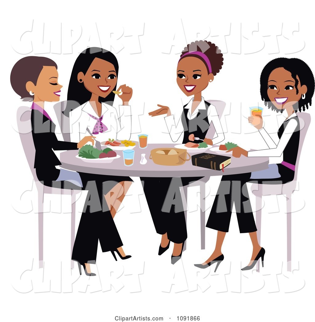 Christian Women Talking and Eating Lunch with a Bible on the Table
