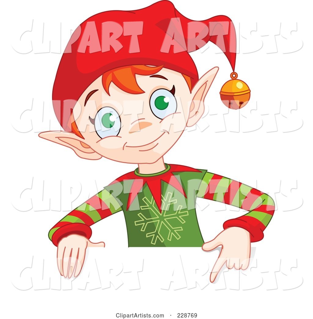 Christmas Elf Holding and Pointing to a Blank Sign