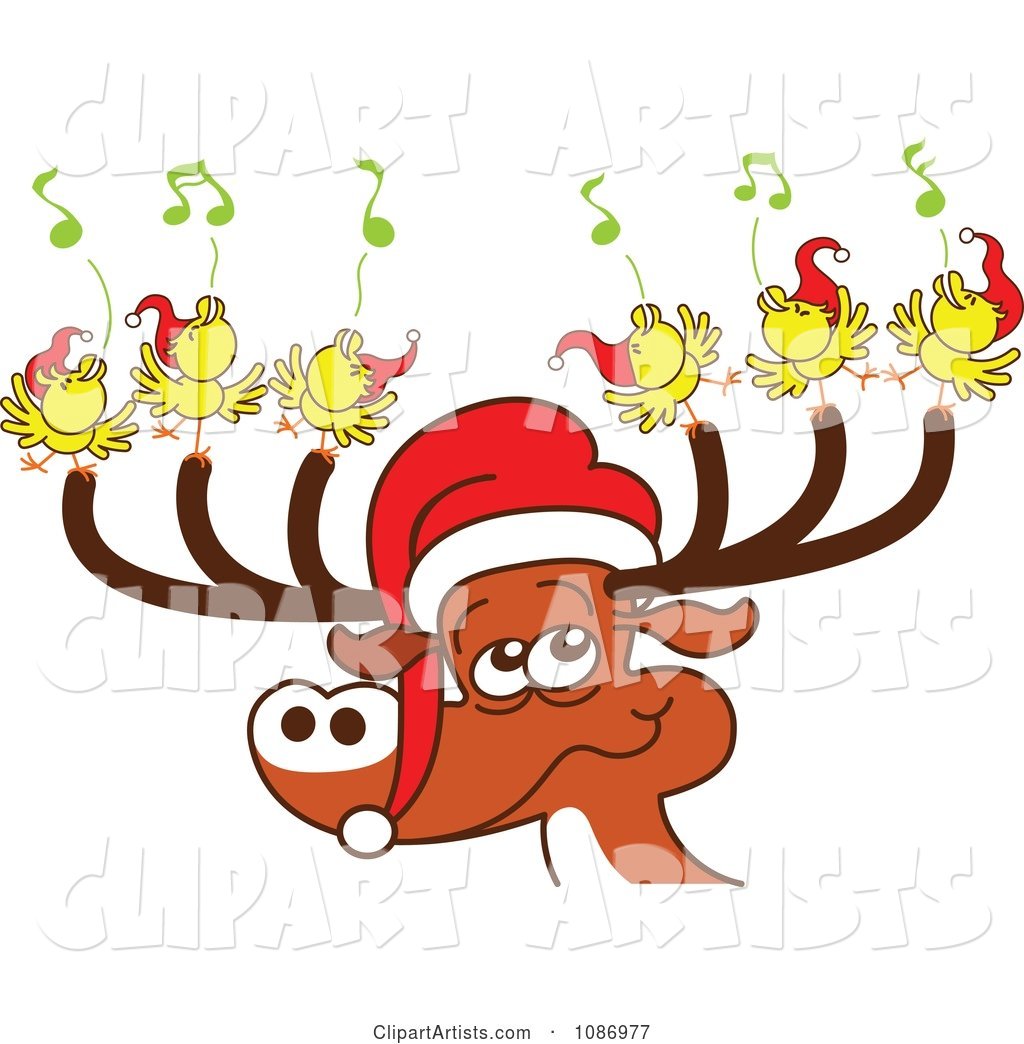 Christmas Reindeer with Caroling Birds and a Santa Hat