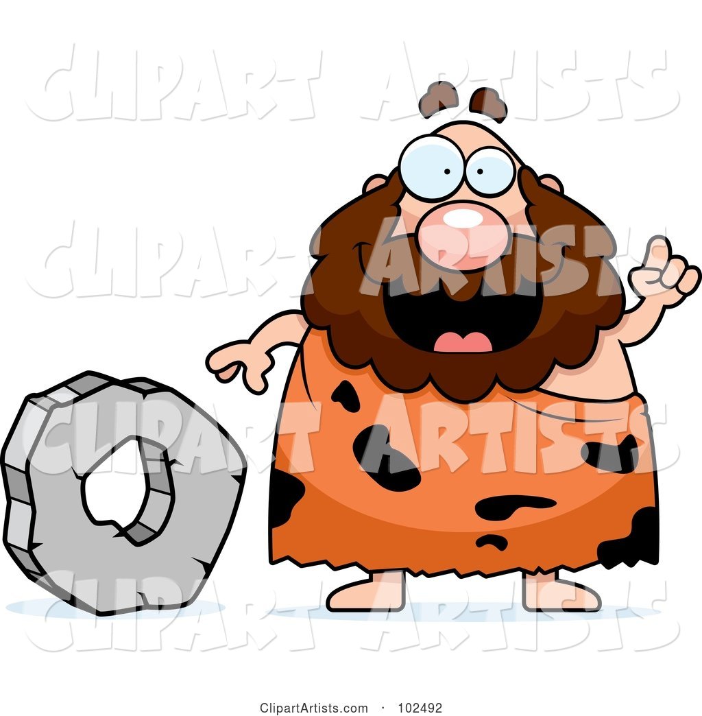 Chubby Caveman Standing by a Stone Wheel