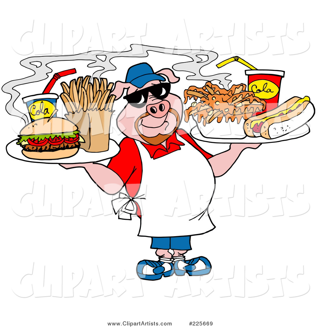 Chubby Chef Pig Holding Trays of Food