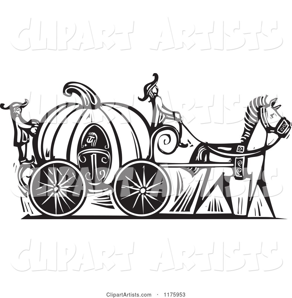 Cinderella in a Pumpkin Carriage Black and White Woodcut