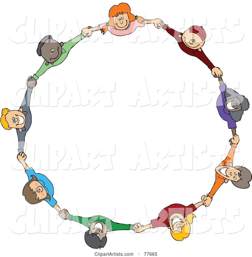 Circle of Diverse Happy Cartoon Children Holding Hands and Looking up
