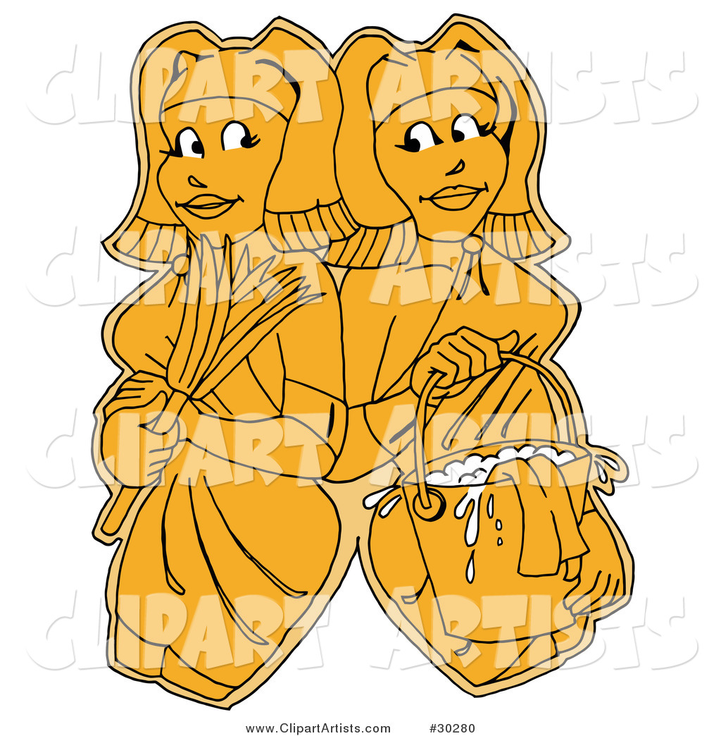 Clipart Illustration of Two Yellow Women, Maids or Janitors, Wearing Gloves and Carrying a Feather Duster and Mop Bucket, Standing Shoulder to Shoulder