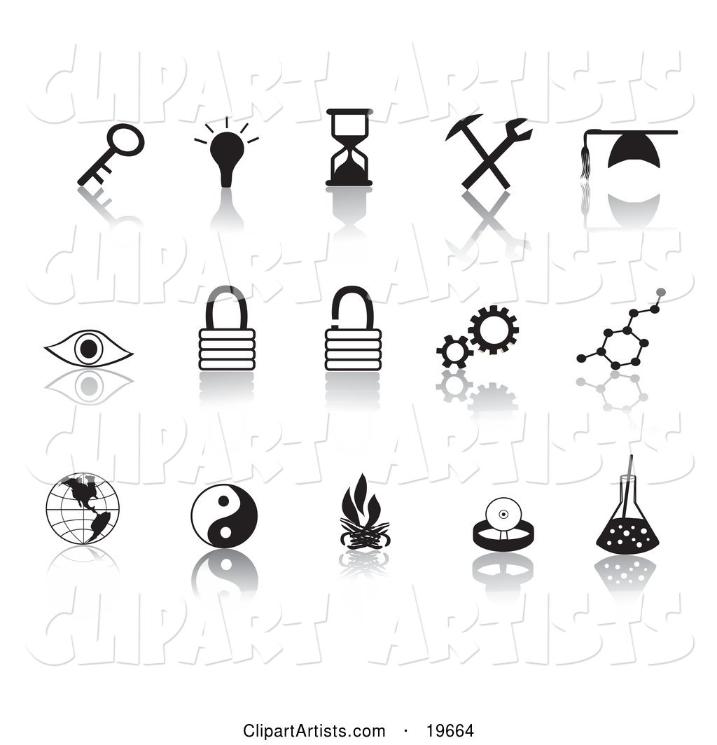 Collection of Black Random Icons on a Reflective White Background