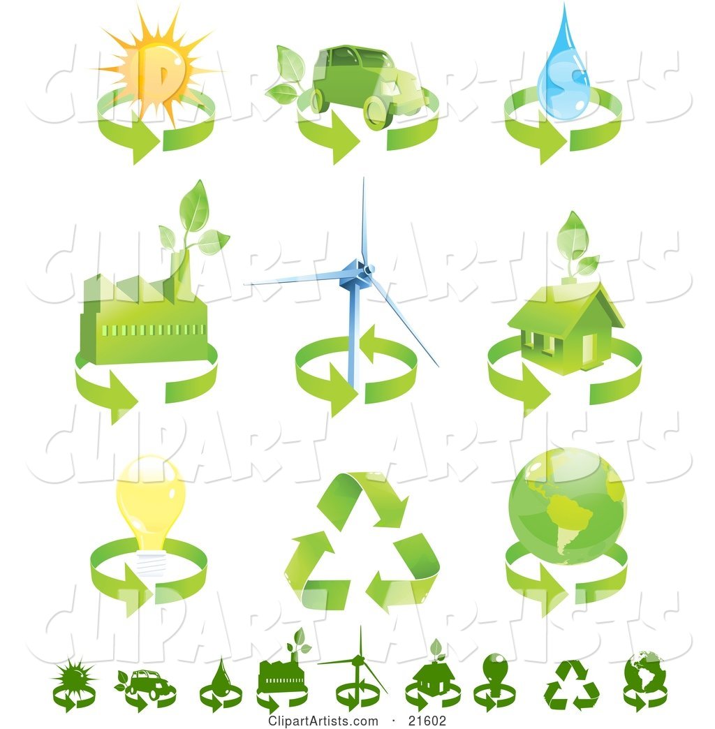 Collection of Green Energy Icons of Renewable Energy, Solar Power, Biofuel, Water, Factory, Wind Turbine, Green Home, Electricity, Recycling and Environment