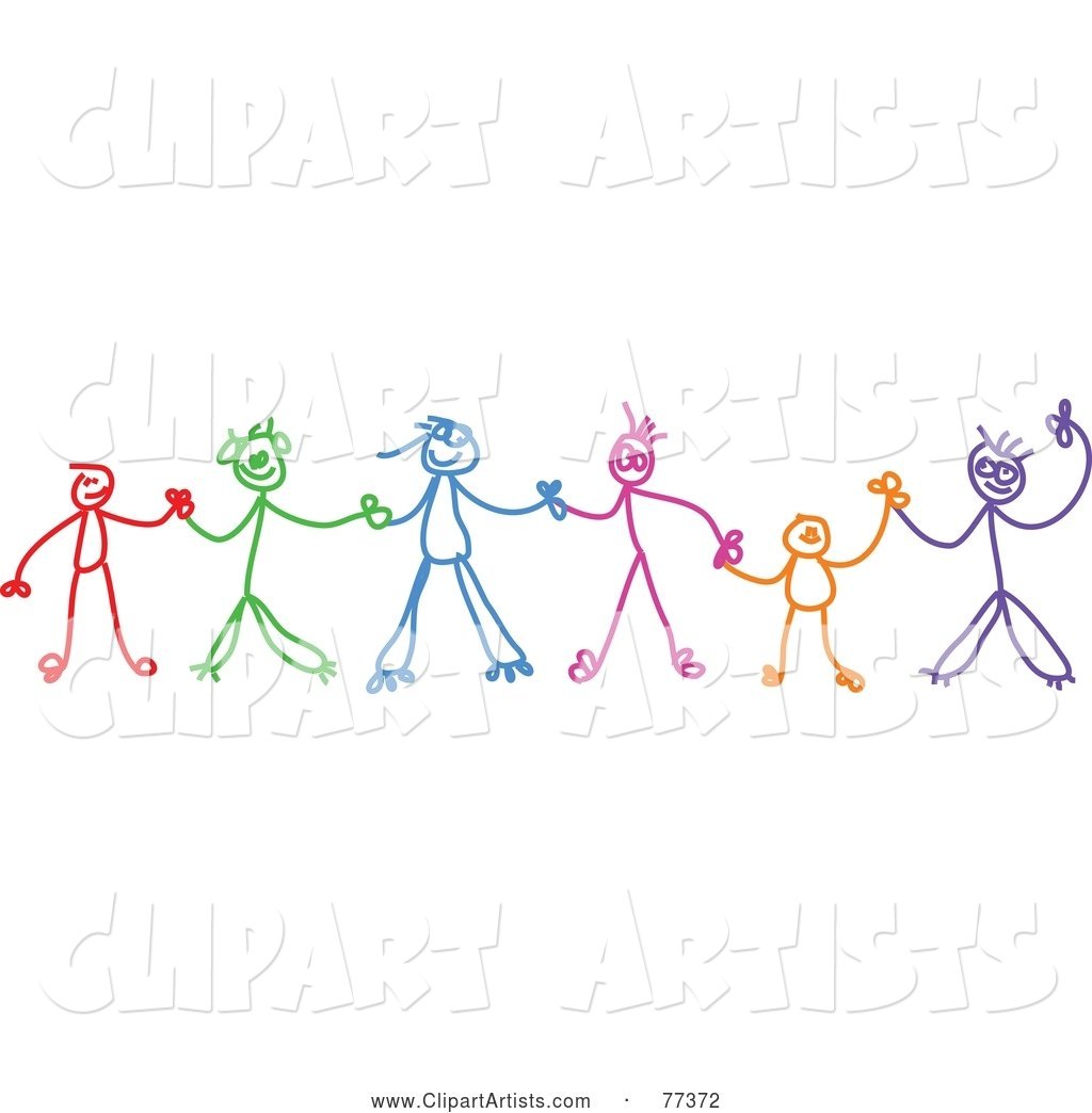 Colorful Chain of Stick Children Holding Hands