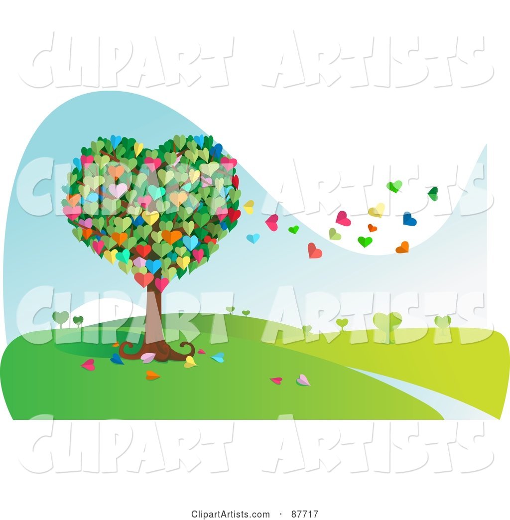 Colorful Heart Tree with Leaves Floating Away in the Breeze