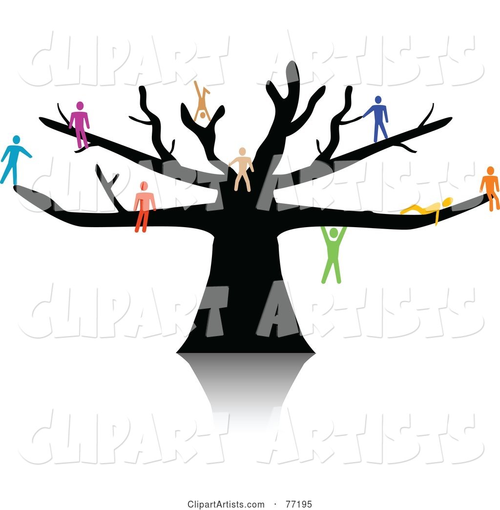 Colorful Paper People Climbing, Sitting and Hanging on a Black Tree