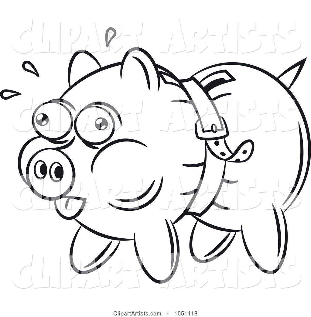 Coloring Page Outline of a Piggy Bank Being Squeezed by a Belt