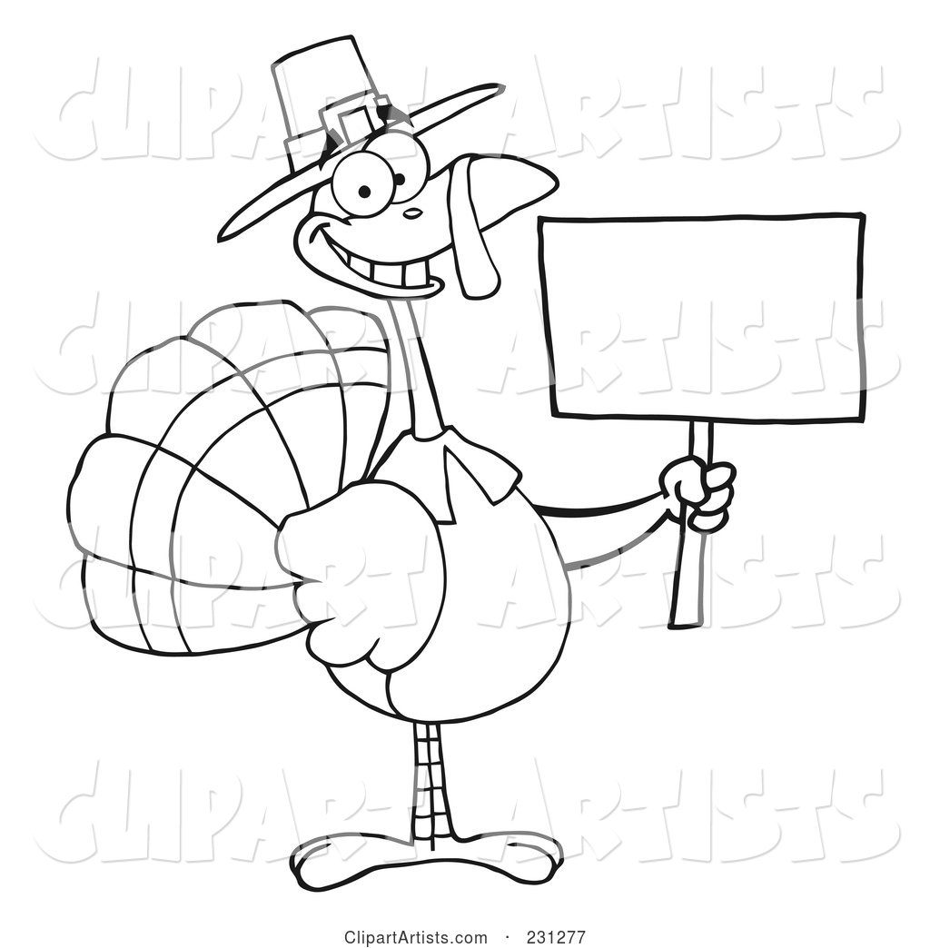 Coloring Page Outline of a Thanksgiving Pilgrim Turkey Bird Holding a Blank Sign