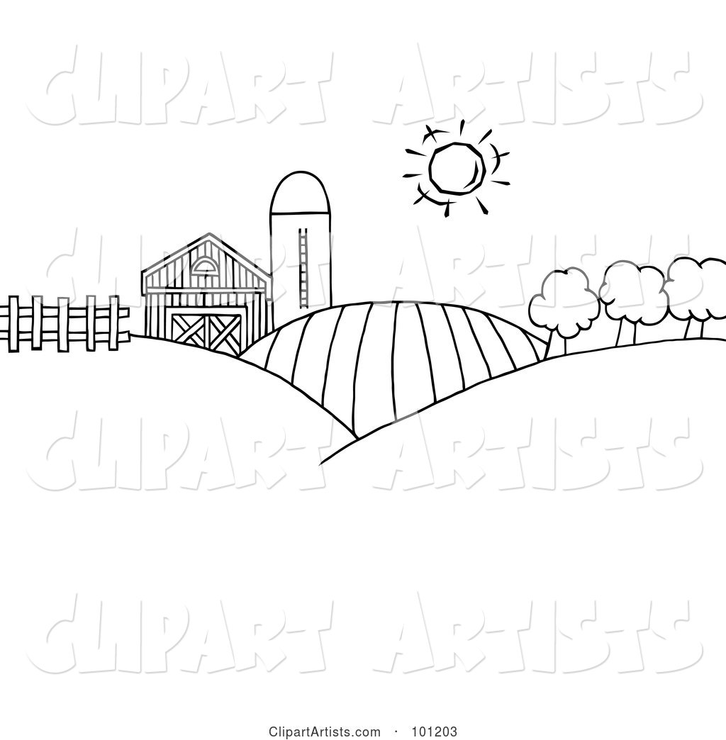 Coloring Page Outline of Rolling Hills, a Farm and Silo on Farm Land