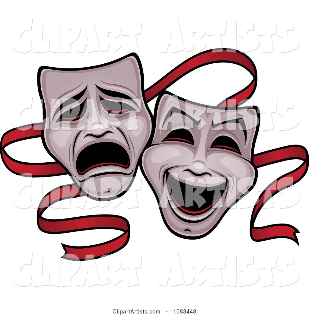Comedy and Tragedy Theater Masks and Red Ribbon