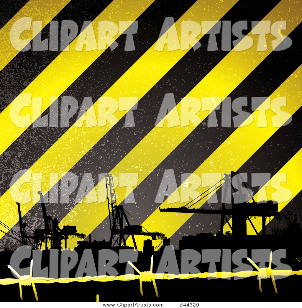 Construction Tower Cranes Against Yellow and Black Striped Background