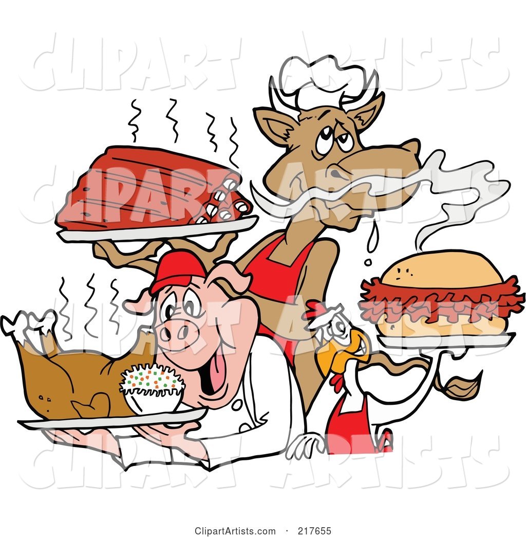 Cow Holding Ribs, Chicken Carrying a Pulled Pork Sandwich and Pig Carrying a Roasted Chicken