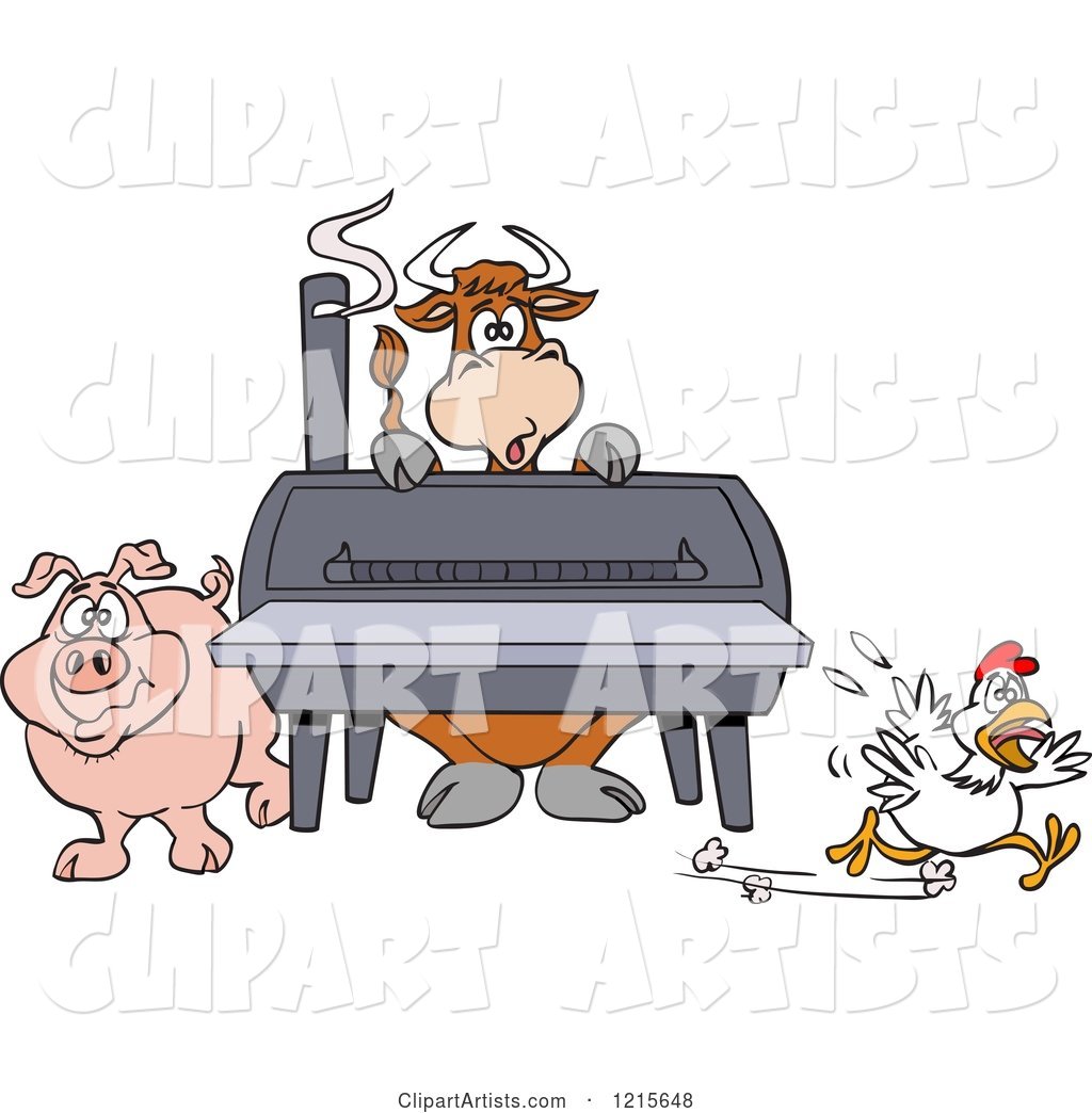Cow Pig and Chicken by a Bbq Smoker