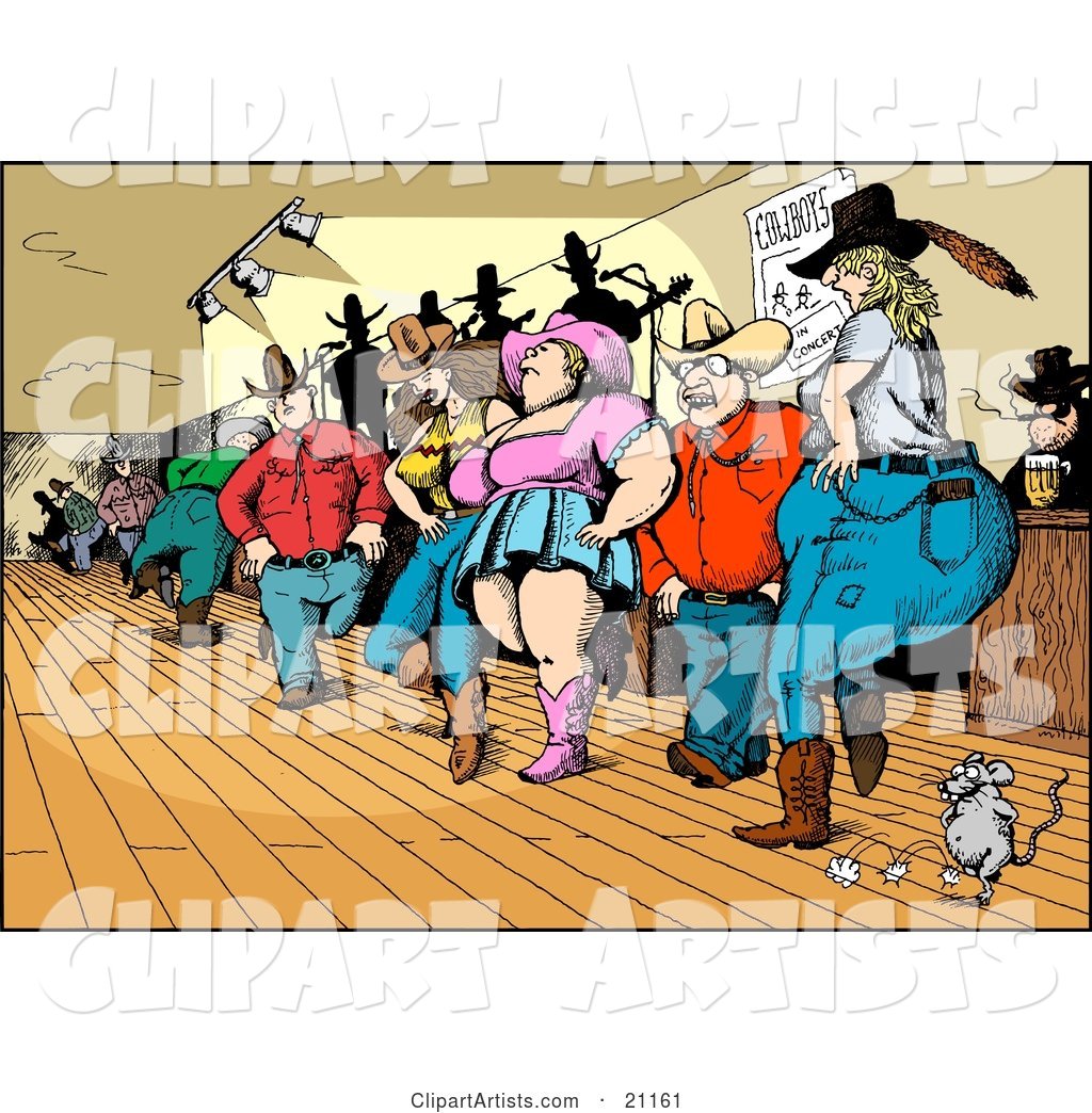Crowd of Country Folk, Men and Women, Line Dancing in a Bar with a Mouse