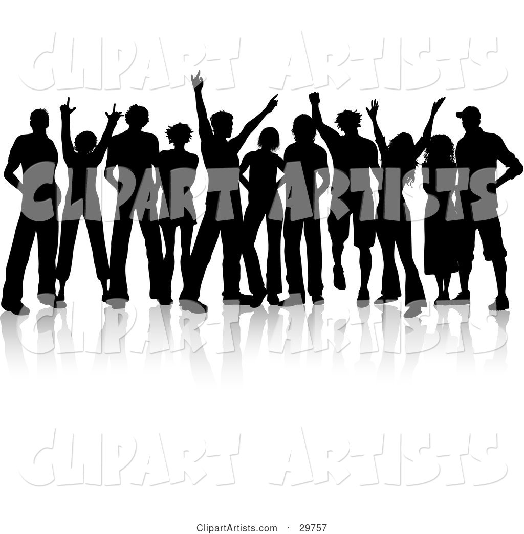 Crowd of Silhouetted Male and Female Teenagers Hanging out and Holding Their Arms up