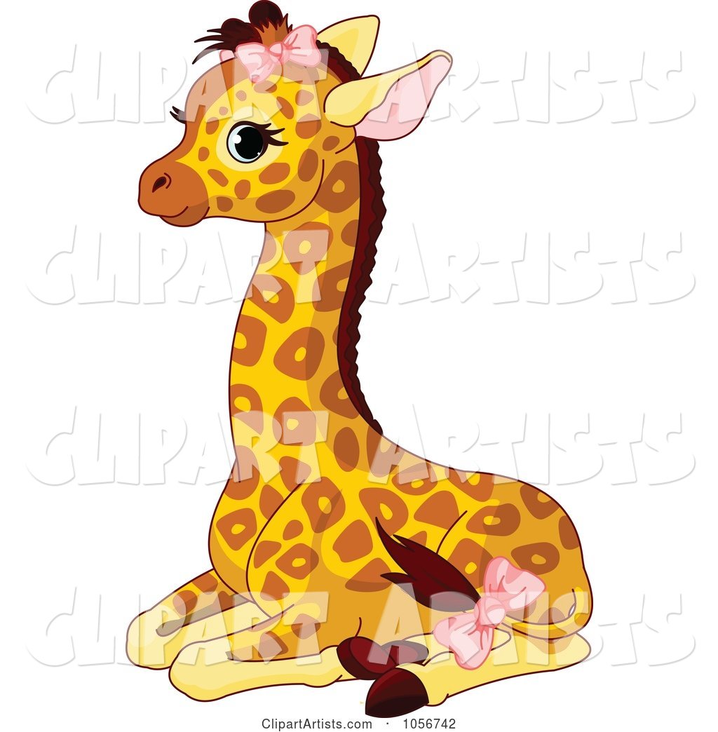 Cute Baby Female Giraffe Sitting and Wearing Pink Bows