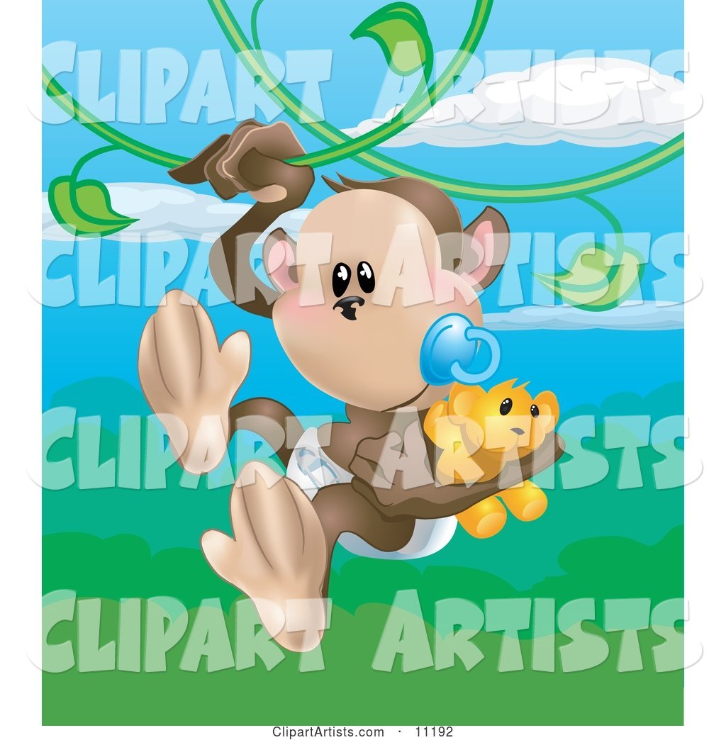 Cute Baby Monkey in a Diaper, Sucking on a Pacifier and Carrying a Teddy Bear While Swinging on Vines in a Rainforest
