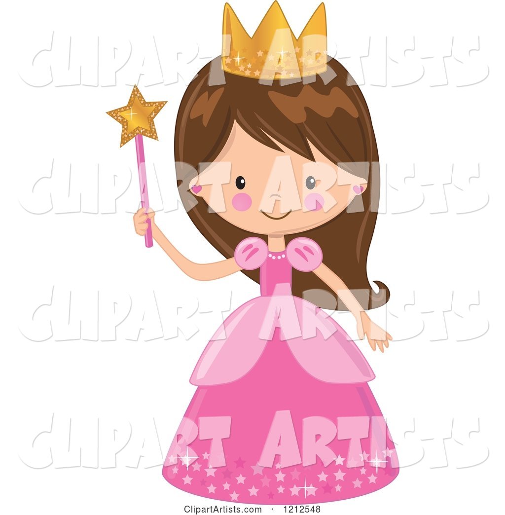 Cute Brunette Princess Girl in a Pink Dress, Holding a Wand