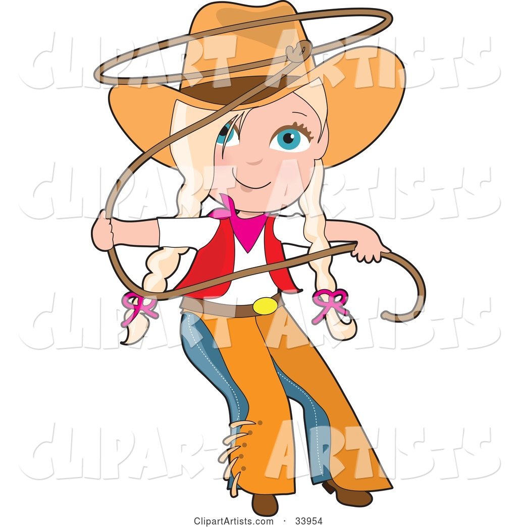 Cute Cowgirl in Chaps and a Hat, Swirling a Lasso, Her Blond Hair in Braids